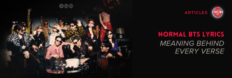 Cover for the article "NORMAL BTS Lyrics: Meaning Behind Every Verse" from the Bangtan Now blog, with the Articles category tag and logo. Photo in dark tones with a vintage party atmosphere: the seven BTS members pose in colorful, eye-catching outfits, including leopard print, sequins, and one person in a long red dress standing on a sofa, with relaxed gestures like waving and leaning on each other, gathered around a table with a cake