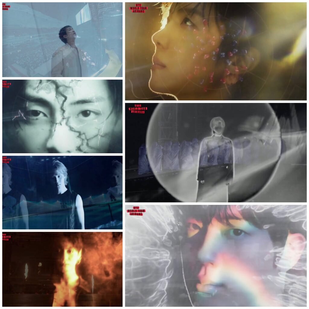 Grade com sete quadros do VCR dos sete elementos da turnê ARIRANG do BTS, cada um mostrando o rosto de um integrante do BTS em close, sobreposto a efeitos visuais distintos que remetem aos elementos da natureza: tecidos ondulantes, rachaduras e relâmpagos, ondas azuis, chamas vermelhas, luz solar dourada com pétalas, sombra em tons de cinza e um círculo prateado sob luz lunar. Todos os quadros trazem o logo "BTS WORLD TOUR ARIRANG" no canto superior esquerdo.