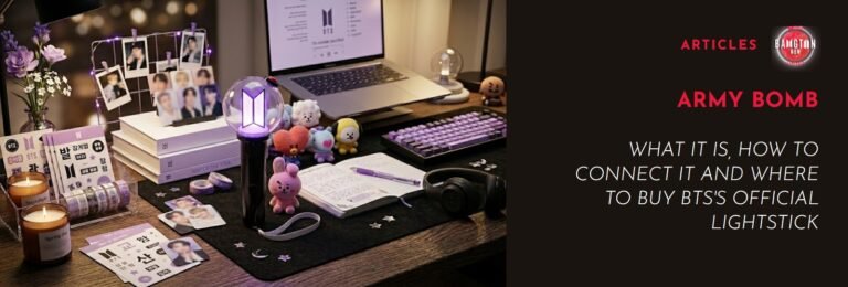 ARMY BOMB, BTS official lightstick, on a desk with BT21 plushies and photocards
