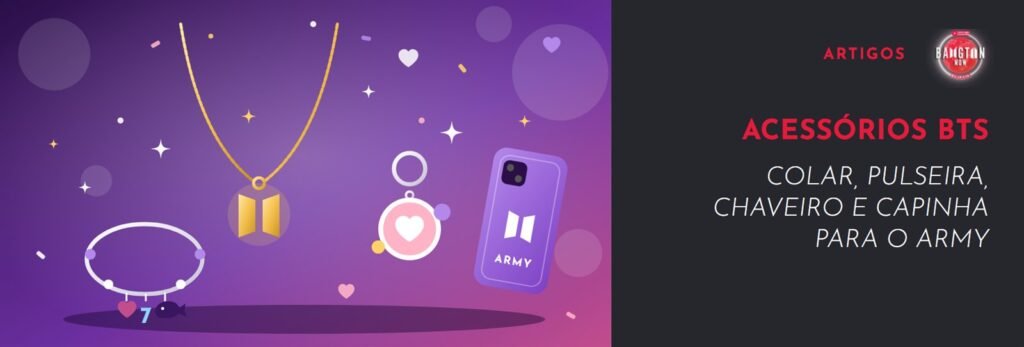Acessórios BTS: ilustração de colar com o logo do BTS, pulseira de berloques, chaveiro e capinha de celular