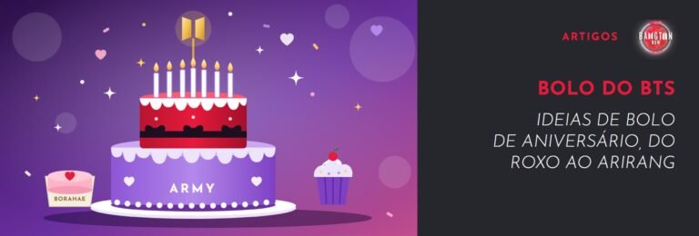 Bolo do BTS: bolo de dois andares roxo e vermelho com sete velas e o logo do BTS