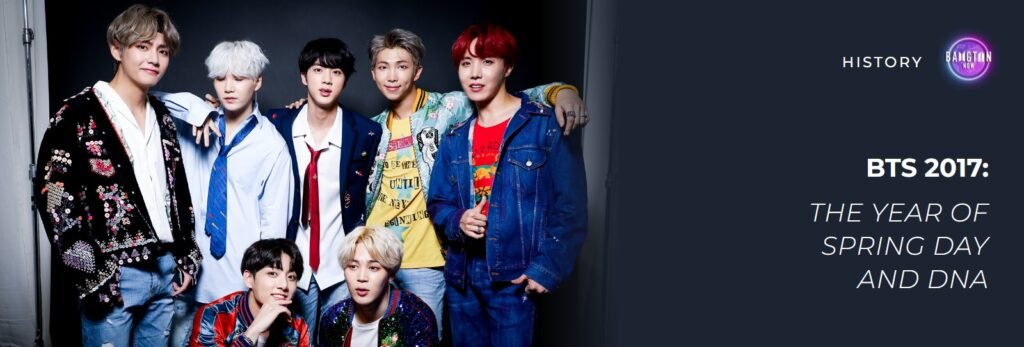 BTS 2017: the seven BTS members posing together in a studio, with the title “The year of Spring Day and DNA”