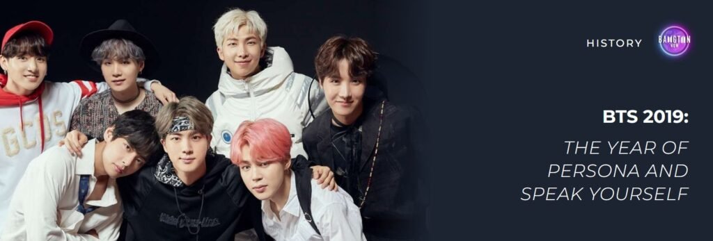 BTS 2019: the seven BTS members together in a studio, with the title “The year of Persona and Speak Yourself”