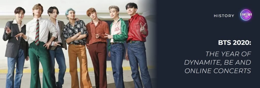 BTS 2020: the seven BTS members standing together in the Dynamite era, with the title “The year of Dynamite, BE and online concerts”