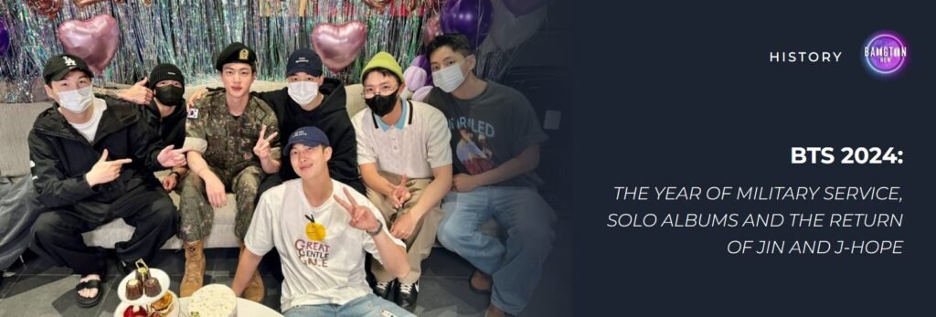 BTS 2024: the seven members of BTS together at the party for Jin's return, with the title “The year of military service, solo albums and the return of Jin and j-hope”