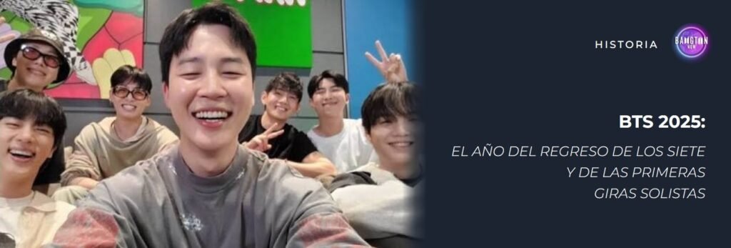 BTS 2025: los siete integrantes de BTS juntos en una selfie de un live, con el título “El año del regreso de los siete y de las primeras giras solistas”