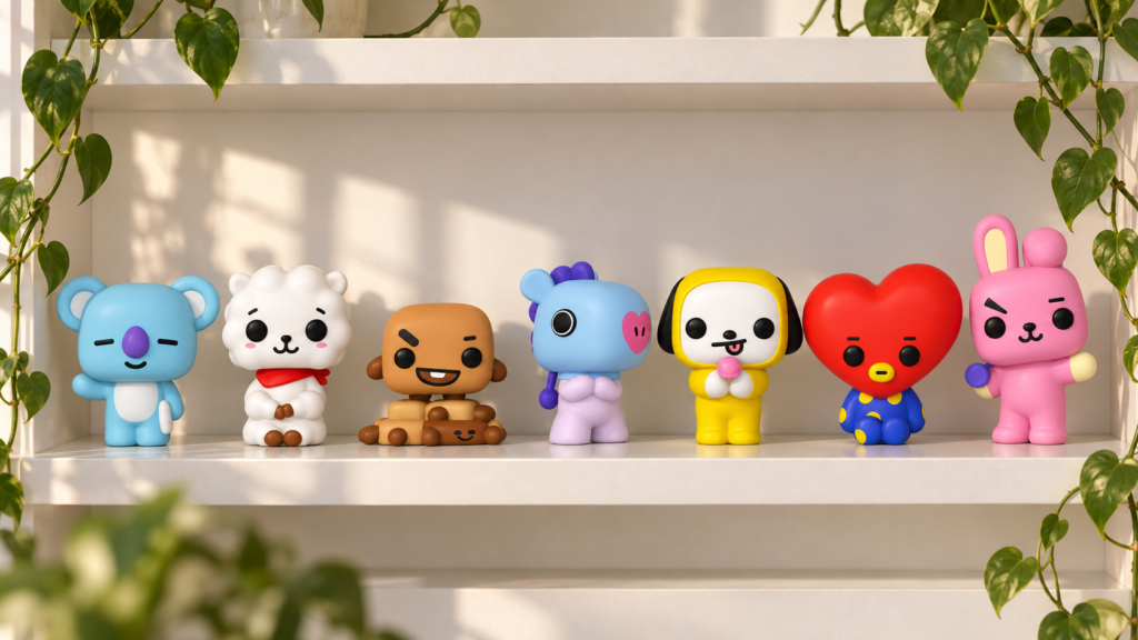 Seven BTS Funko Pop figures from the BT21 collection stand in a row on a sunlit white shelf, with pothos leaves hanging down the sides. From left to right are Koya, a blue koala with closed eyes and a purple nose, waving; RJ, a fluffy white alpaca with a red scarf around its neck; Shooky, a brown cookie with a furrowed brow, sitting on other cookies; Mang, in a blue mask with a heart-shaped nose and a lilac outfit; Chimmy, a puppy in a yellow hoodie with its tongue sticking out, holding a lollipop; Tata, with a red heart-shaped head and a blue outfit with yellow polka dots; and Cooky, a pink bunny with a determined expression and a raised fist.