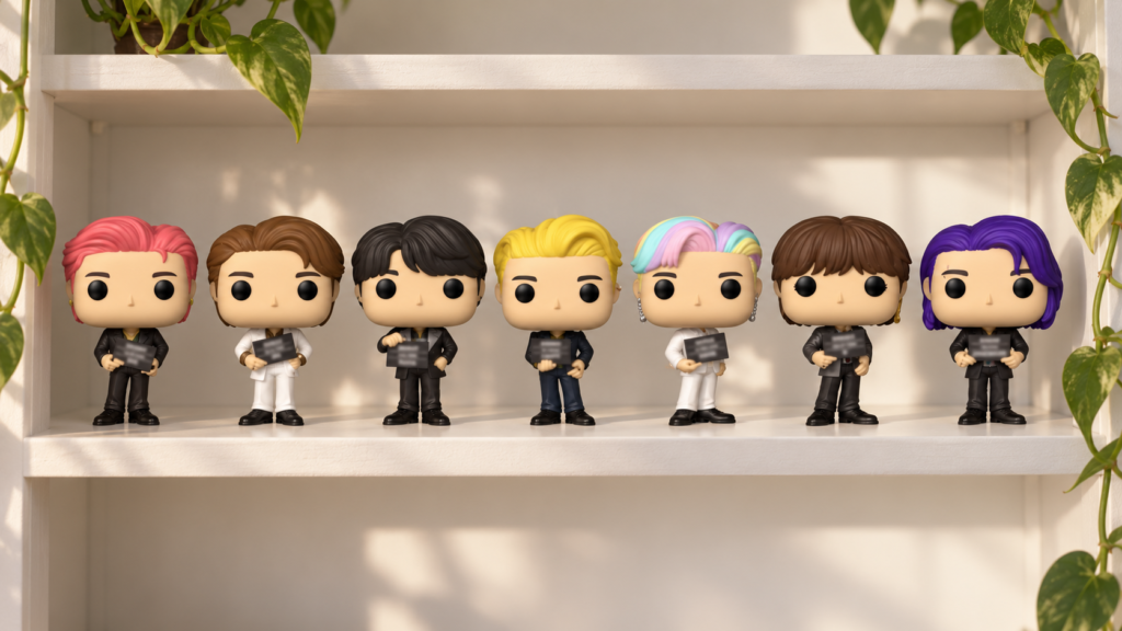 Seven BTS Funko Pop figures from the Butter collection stand in a row on a sunlit white shelf, with pothos leaves hanging down the sides. Each figure holds a small black sign in front of its body, with blurred text. The outfits alternate between black and white suits, and one figure wears a dark jacket with jeans. The hair colors vary: pink, brown, black, blond, a pastel gradient of pink, blue and yellow, brown with bangs, and purple. Some of them wear earrings.