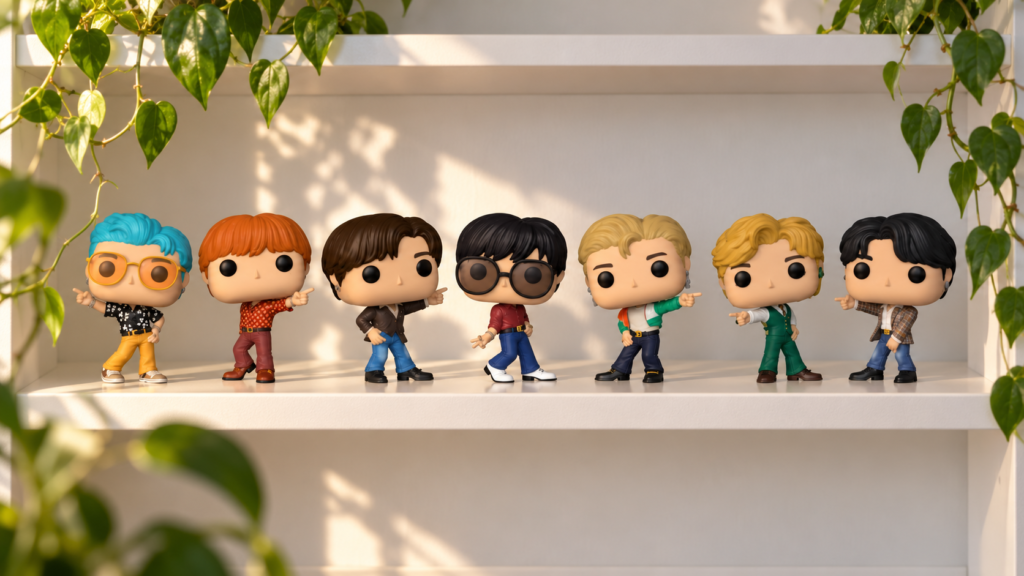 Seven BTS Funko Pop figures from the Dynamite collection stand in a row on a sunlit white shelf, with pothos leaves hanging down the sides. They all point a finger to the side in a dance move and wear 1970s retro outfits. From left to right are RM, with blue hair, orange glasses, a black patterned shirt and yellow pants; Jin, with orange hair, a red patterned shirt and burgundy pants; SUGA, with brown hair, a brown leather jacket and jeans; j-hope, with round dark sunglasses, a red shirt, jeans and white shoes; Jimin, blond, in a green, white and orange jacket; V, blond, in a green vest and pants; and Jung Kook, with black hair and a brown plaid blazer with jeans.