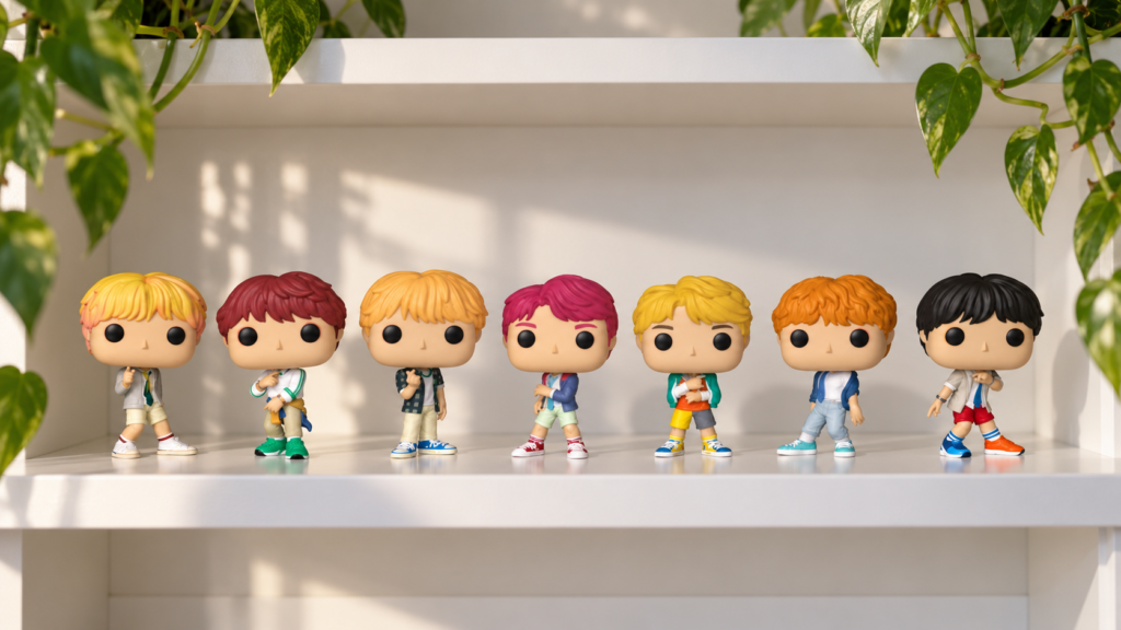 Seven BTS Funko Pop figures from the Love Yourself: Answer collection stand in a row on a sunlit white shelf, with pothos leaves hanging down the sides. The figures have big heads, round black eyes and colorful hair: blond with pink streaks, dark red, light orange, hot pink, yellow, orange and black. Their outfits are light and casual, with open shirts, jackets, shorts and light pants, and sneakers in different colors, such as green, red, blue and orange. Each figure strikes a different pose, several with one hand at chest height.