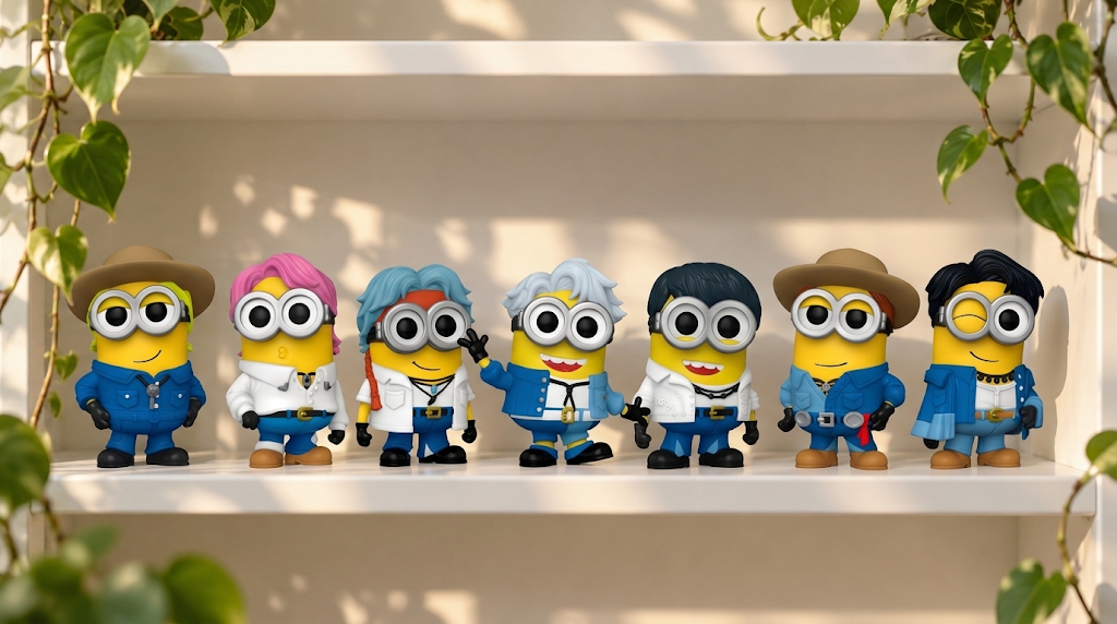 Seven BTS Funko Pop figures from the BTS x Despicable Me 4 collection, in which the members become Minions, stand in a row on a sunlit white shelf, with pothos leaves hanging down the sides. The figures have yellow bodies, silver goggles and black gloves, and wear cowboy-style outfits with denim, white and blue shirts, gold buckle belts and necklaces. Two of them wear wide-brimmed hats, and the others have colorful wigs in pink, blue with a red braid, silver, navy blue and black. One Minion makes a peace sign near his goggles, another waves and the last one winks.