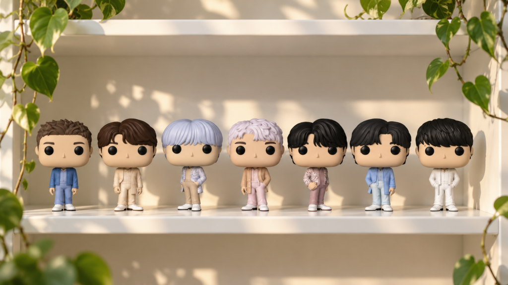 Seven BTS Funko Pop figures from the Proof collection stand in a row on a sunlit white shelf, with pothos leaves hanging down the sides. The figures stand in relaxed poses and wear pastel tailored outfits with white shoes. The colors of the outfits vary between blue, beige, patterned lilac, pink, patterned dusty pink, light blue and white. The hair is brown, dark brown, lilac, very light pink and, on the last three, black.