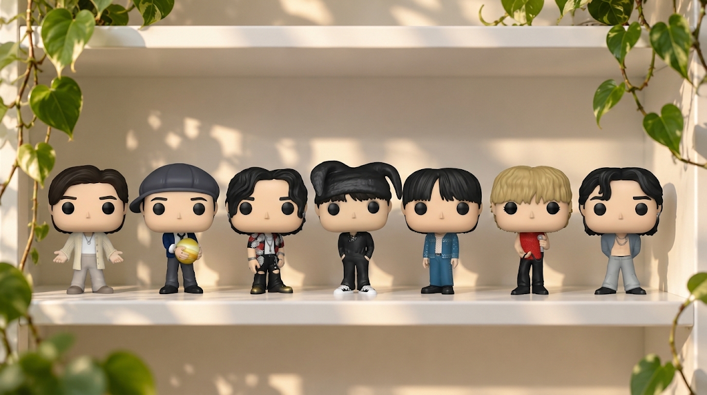 Seven BTS Funko Pop figures from the BTS Solo Era line stand in a row on a sunlit white shelf, with pothos leaves hanging down the sides. From left to right are RM, from the Wildflower era, with dark brown hair, a beige blazer and open arms; Jin, from The Astronaut, with a gray cap, a navy jacket and a golden sphere in his hands; SUGA, from Haegeum, with black hair, a red and black patterned shirt and black pants with chains; j-hope, from More, dressed all in black, with spiky black hair and white sneakers; Jimin, from Like Crazy, with black hair, a denim jacket and jeans; V, from Love Me Again, blond, in a red top and black pants; and Jung Kook, from Seven, with black hair, an open gray shirt and gray pants.