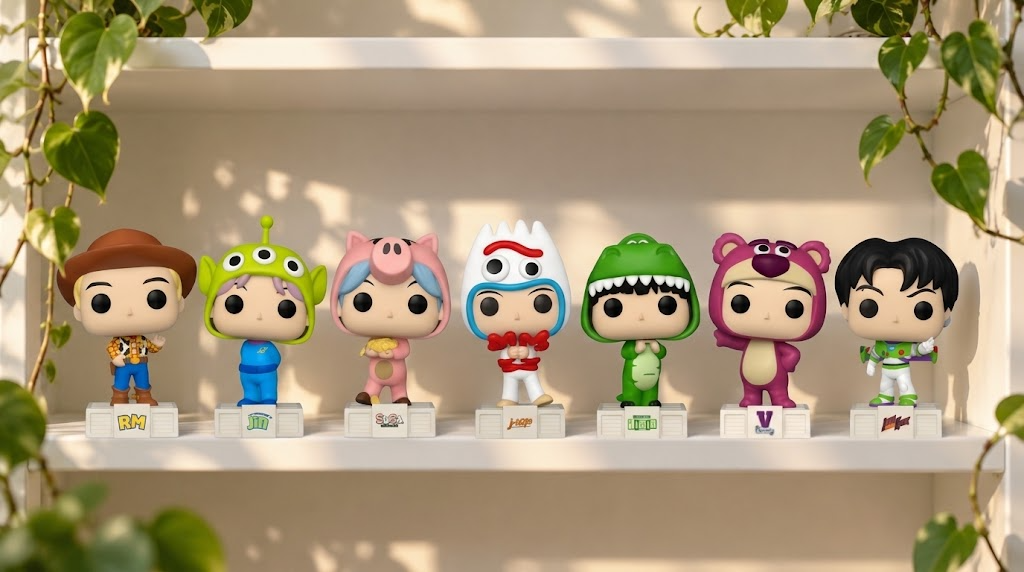 Seven BTS Funko Pop figures from the Toy Story x TinyTAN collection stand in a row on a sunlit white shelf, with pothos leaves hanging down the sides. Each figure stands on a white base with the member's name and wears a costume of a Toy Story character. From left to right are RM as Woody, with a brown cowboy hat and a cow-print vest; Jin as the Alien, with a three-eyed green hood and a blue outfit; SUGA as Hamm, with a pink piggy hood; j-hope as Forky, with a white hood with big eyes and a red bow tie; Jimin as Rex, with a green dinosaur hood; V as Lotso, in a pink bear costume; and Jung Kook as Buzz Lightyear, in the white, green and purple space suit.