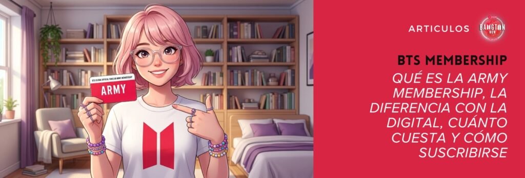 Banner de portada del artículo de Bangtan Now sobre la BTS Membership. A la izquierda, ilustración de una joven de cabello rosa corto y lentes de armazón transparente, sonriendo, en una habitación con librero, sillón y cama con colcha lila. Lleva camiseta blanca con el logo de BTS en rojo, pulseras de chaquira de colores y sostiene una tarjeta roja que dice ARMY, con la inscripción BTS Global Official Fanclub ARMY Membership, mientras la señala con la otra mano. A la derecha, sobre fondo rojo, el logo de Bangtan Now, la palabra Artículos y el título: BTS Membership, qué es la ARMY Membership, la diferencia con la Digital, cuánto cuesta y cómo suscribirse. Ilustración generada con IA.