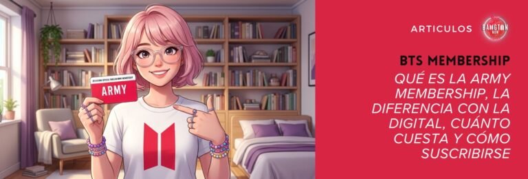 Banner de portada del artículo de Bangtan Now sobre la BTS Membership. A la izquierda, ilustración de una joven de cabello rosa corto y lentes de armazón transparente, sonriendo, en una habitación con librero, sillón y cama con colcha lila. Lleva camiseta blanca con el logo de BTS en rojo, pulseras de chaquira de colores y sostiene una tarjeta roja que dice ARMY, con la inscripción BTS Global Official Fanclub ARMY Membership, mientras la señala con la otra mano. A la derecha, sobre fondo rojo, el logo de Bangtan Now, la palabra Artículos y el título: BTS Membership, qué es la ARMY Membership, la diferencia con la Digital, cuánto cuesta y cómo suscribirse. Ilustración generada con IA.