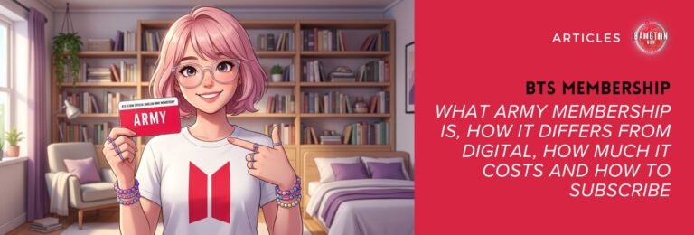Cover banner for the Bangtan Now article about BTS Membership. On the left, an illustration of a young woman with short pink hair and clear-framed glasses, smiling, in a bedroom with a bookshelf, an armchair and a bed with a lilac bedspread. She wears a white T-shirt with the BTS logo in red and colorful beaded bracelets, and holds up a red card that reads ARMY, with the inscription BTS Global Official Fanclub ARMY Membership, pointing at it with her other hand. On the right, on a red background, the Bangtan Now logo, the word Articles and the title: BTS Membership, what ARMY Membership is, how it differs from Digital, how much it costs and how to subscribe. AI-generated illustration.