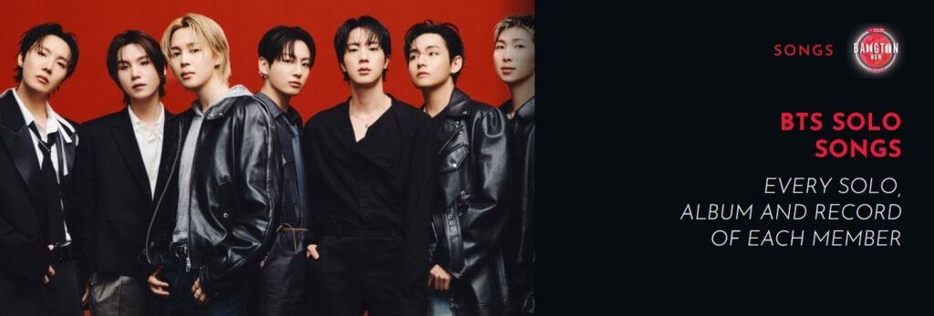BTS solo songs: the seven BTS members in black outfits against a red background; on the right, the Bangtan Now cover with the article title