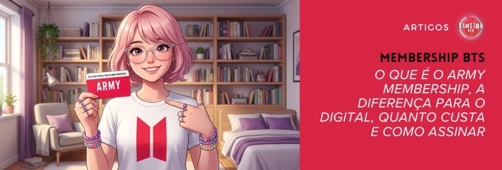 Banner de capa do artigo do Bangtan Now sobre o Membership BTS. À esquerda, ilustração de uma jovem de cabelo rosa curto e óculos de armação transparente, sorrindo, em um quarto com estante de livros, poltrona e cama com colcha lilás. Ela veste camiseta branca com o logo do BTS em vermelho, usa pulseiras de miçangas coloridas e segura um cartão vermelho escrito ARMY, com a inscrição BTS Global Official Fanclub ARMY Membership, apontando para ele com a outra mão. À direita, sobre fundo vermelho, o logo do Bangtan Now, a palavra Artigos e o título: Membership BTS, o que é o ARMY Membership, a diferença para o Digital, quanto custa e como assinar. Ilustração gerada por IA.