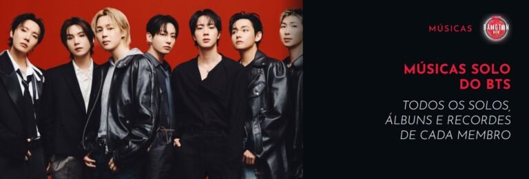 Músicas solo do BTS: os sete integrantes do BTS de roupas pretas diante de um fundo vermelho; à direita, a capa do Bangtan Now com o título do artigo