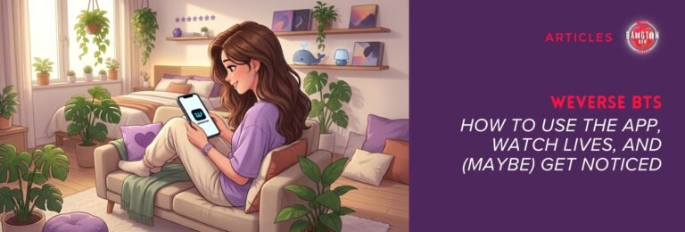 Cover of the Weverse BTS guide. Illustration of a woman with long wavy brown hair sitting on a sofa in a room full of plants, smiling at a phone that shows the Weverse app logo. On the right, a purple panel with the Bangtan Now logo and the title: Weverse BTS: How to Use the App, Watch Lives, and (Maybe) Get Noticed. Image created with artificial intelligence.