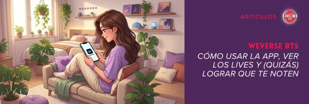 Portada de la guía Weverse BTS. Ilustración de una mujer de cabello castaño largo y ondulado, sentada en un sofá en una habitación llena de plantas, sonriendo al teléfono que muestra el logo de la app Weverse. A la derecha, un panel morado con el logo de Bangtan Now y el título: Weverse BTS: cómo usar la app, ver los lives y (quizás) lograr que te noten. Imagen creada con inteligencia artificial.